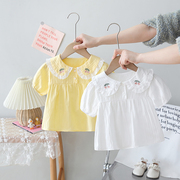 童装夏季女童蕾丝翻领短袖，衬衫婴儿纯棉，上衣儿童衬衣女宝宝娃娃衫