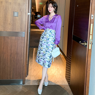 MIUCO法式浪漫紫罗兰衬衫+郁金香提花包臀铅笔裙大码套装