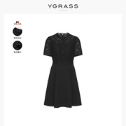 VGRASS高端精致黑色连衣裙女春季蕾丝拼接小黑裙