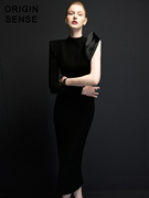 赫本风高雅精致小圆领，不对称断面拼接立体设计纯黑显瘦包臀礼服裙