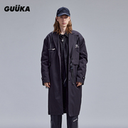 GUUKA黑色假两件长款风衣男秋冬潮 青少年机能风织带腰带外套宽松