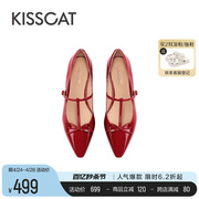 kisscat接吻猫春季复古单鞋，法式时髦尖头，t字带红色漆皮玛丽珍低跟