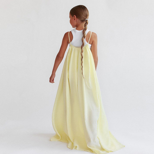 女童连衣裙淡黄色长裙女孩，纯棉夏款高级定制时尚洋气两件套连衣裙