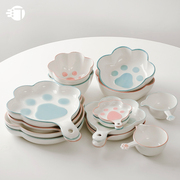 三汀猫爪陶瓷盘子可爱家用早餐菜盘餐具日式儿童饭碗套装创意卡通