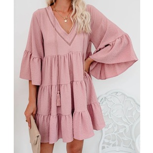 小个子秋季欧美时尚粉色V领系带宽松荷叶边喇叭袖连衣裙短裙DRESS
