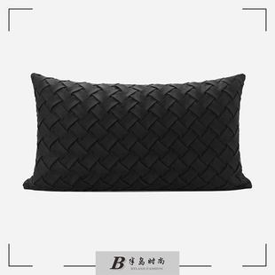 「编织理想」现代简约黑色，麂皮绒编织抱枕沙发靠枕样板间酒店腰枕