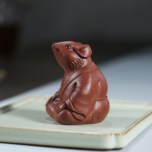 宜兴紫砂茶具雕塑，纯手工茶宠摆件，紫泥鼠仙茶玩