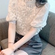 立领蕾丝雪纺小衫t恤女夏季薄款2023韩版泡泡袖气质短袖上衣