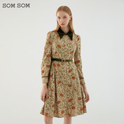 SOMSOM/索玛冬季女装法式洋气减龄小碎花长裙气质长袖高腰连衣裙