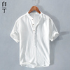 夏季中国风复古立领亚麻短袖，t恤男半袖棉麻，polo白色薄款衬衫体恤