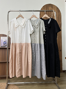 日系夏季甜美刺绣，双层娃娃领拼接短袖，棉麻连衣裙宽松可爱长裙