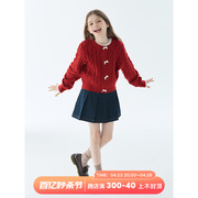 mpeng女童红色新年款毛衣绞花圆领开衫外套甜美精致蝴蝶结扣子