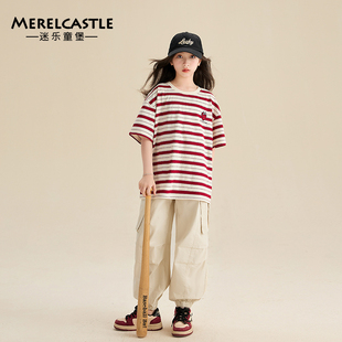女童短袖t恤2024韩版洋气，条纹上衣儿童，夏季时髦体恤12岁女孩