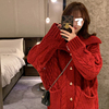 韩国红色翻领针织开衫，2021年春秋季中长款粗线宽松毛衣外套女