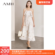Amii2023年夏荷叶边印花吊带裙缎面高级感连衣裙长款遮肉裙子
