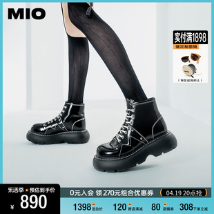MIO米奥冬季工装短靴百搭加绒马丁靴显瘦漆皮时装靴厚底女靴皮靴