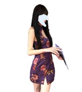 0122stepll诠释东方美 紫色印花旗袍女夏季新中式性感挂脖连衣裙