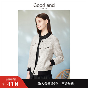 Goodland美地女装春季黑白粗花呢香风含羊毛棒球外套