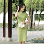 短款旗袍2024年女夏季绿色小个子中长款改良淑女装连衣裙旗袍