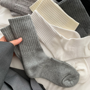 毛圈袜子女秋冬季中筒袜纯棉，加厚保暖灰色，白色毛巾睡眠冬天长筒袜