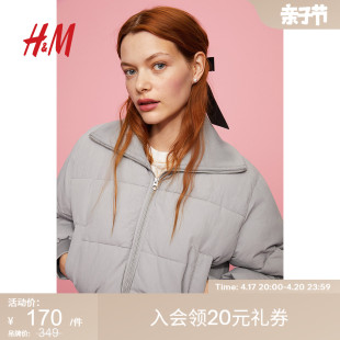 hm女装棉服秋冬绗缝罗纹高领长袖，舒适短棉服1193356