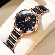 瑞士简约气质手表，女士女款名牌防水黑色女表陶瓷，石英表女品牌