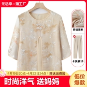 妈妈夏装短袖上衣中年女雪纺，小衫中式国风套装，中老年t恤奶奶衣服