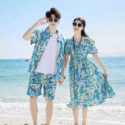 沙滩短袖连衣裙V领大码蜜月度假海边旅游印花衬衫套装情侣装夏装