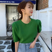 韩国chic夏季减龄百搭圆领套头宽松薄款休闲泡泡袖针织衫T恤女