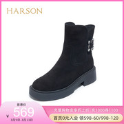 哈森冬季商场同款方跟圆头保暖饰扣低跟时装女短靴HA227139