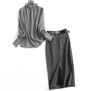 灰色薄款垂感透气褶皱立领，长袖宽松显瘦女衬衫高腰包(高腰包)臀裙套装m819