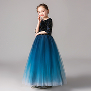 蓝色公主裙女童蓬蓬纱生日长袖，走秀小花童，婚礼儿童钢琴演出服礼服