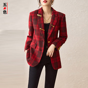潮流时尚英伦风格子西装外套，女酷飒羊毛粗花呢，复古红色上衣都市风