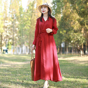 原创设计红色长袖，连衣裙春秋抽绳收腰显瘦双层棉麻大摆裙