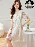 小个子品牌白色连衣裙，2023女高级感高端气质蕾丝桑蚕丝裙子