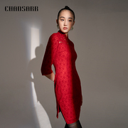 香莎chansarr新中式浪漫红色，改良旗袍国风手工编织羊毛连衣裙
