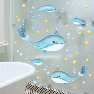 创意卡通海洋鱼墙贴卫生间浴室瓷砖防水贴画，玻璃门贴纸自粘3d立体