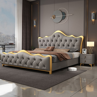 意式轻奢真皮床主卧1.5米1.8双人床铁艺美式软床高端设计网红婚床