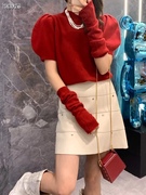 欧洲站时尚气质圆领泡泡，袖袖套羊毛针织衫，红色毛衣全羊毛