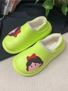 秋冬绿色棉拖鞋女孩包跟厚底毛绒居家室内防滑防水包头亲子童棉鞋