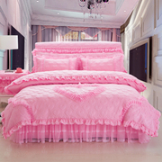 品加厚被套四件套床裙式韩式床罩18m夹棉蕾丝床单婚庆紫色床上新