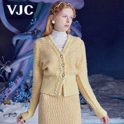 vjc威杰思秋冬女装，黄色v领羊毛，针织衫复古提花短款上衣