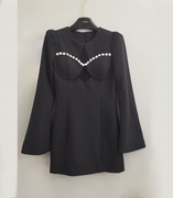法式小众黑色钻链蕾丝镂空喇叭，袖收腰显瘦连衣裙，赫本风气质小礼服