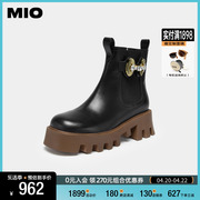 MIO米奥冬季高跟软底时髦短筒靴圆头粗跟切尔西靴真皮靴子女