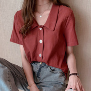 夏季女装韩版批发学生宽松休闲衬衣纯色，复古设计感小众衬衫潮