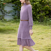 紫色法式假两件长袖高领针织毛衣裙中长款2021秋冬连衣裙加厚