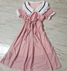 韩版女夏装新中长款绑带仙甜美粉色蕾丝花边翻领短袖连衣裙子大码