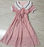 韩版女夏装新中长款绑带仙，甜美粉色蕾丝花边翻领，短袖连衣裙子大码