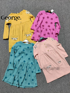 英国乔治George女童黄色粉色刺绣罗纹长袖连衣裙春秋波点蓝绿
