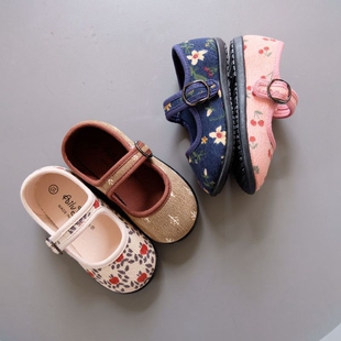 儿童帆布鞋秋季韩国灯芯绒碎花，森系公主鞋，幼儿园软底女童单鞋
